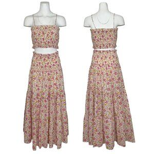 Ash & Eden 2 Piece Skirt and Top Set M Pink Floral Maxi Tiered Smocked Crop Top